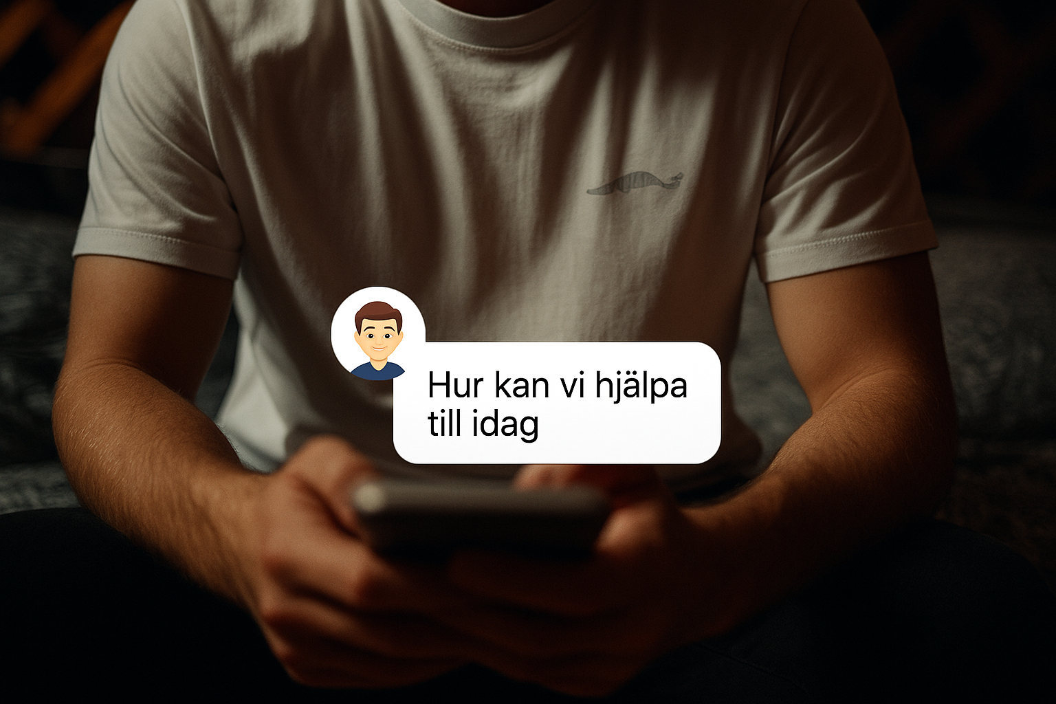 Person med telefon och chattmeddelande.