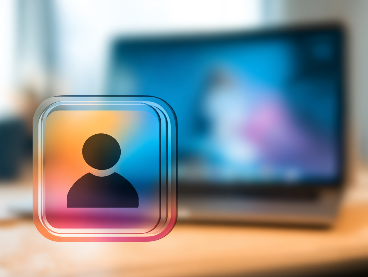 Glasikon framför suddig laptop.