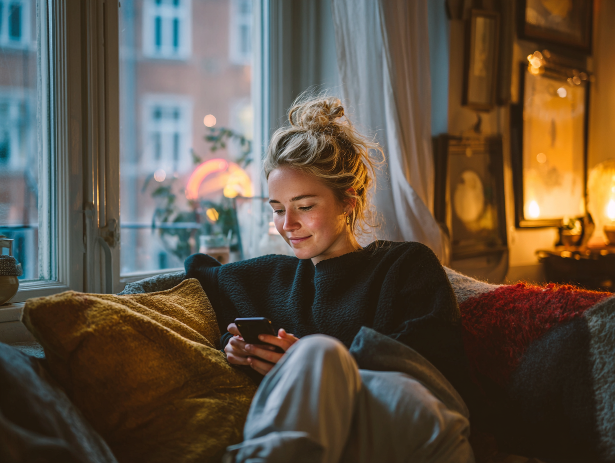 Person som använder Source AI-assistenten i soffan